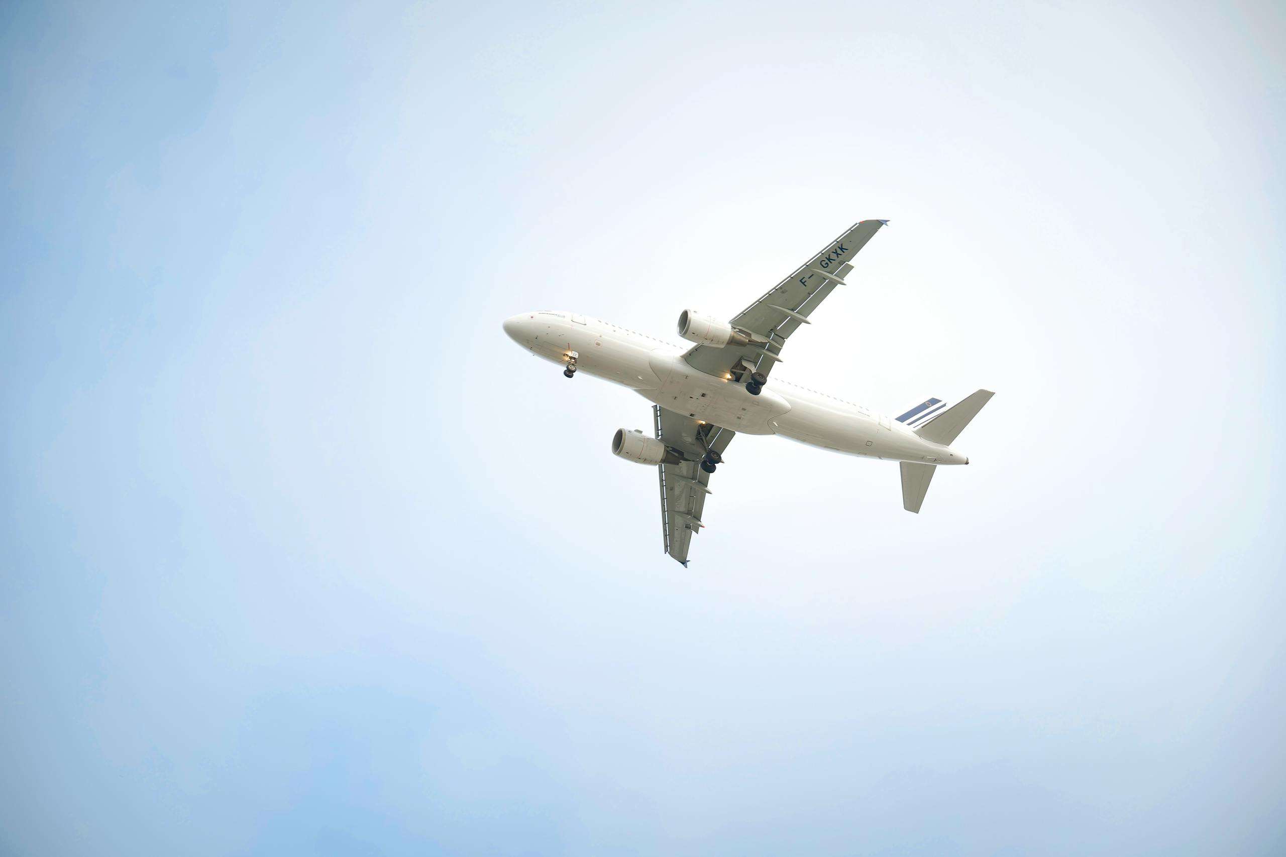 Home A white commercial airplane flying high against a clear blue sky, showcasing aviation dynamics.
