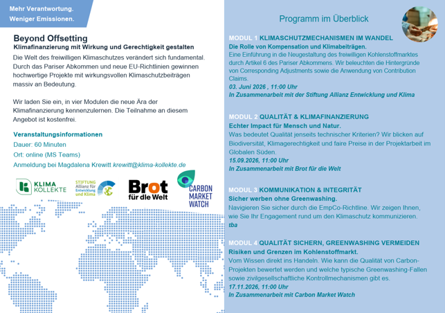 Beyond Offsetting: Auftakt der Webinarreihe zur Klimafinanzierung mit Wirkung Flyer Beyond Offsetting Webinare
